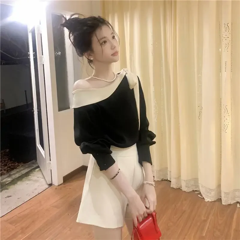 Bogen Kontrast Patchwork Elegante Bluse Frauen Kleidung Frühling Herbst Neue Lange Hülse Lose Temperament Hemd Tops Mode Koreanische
