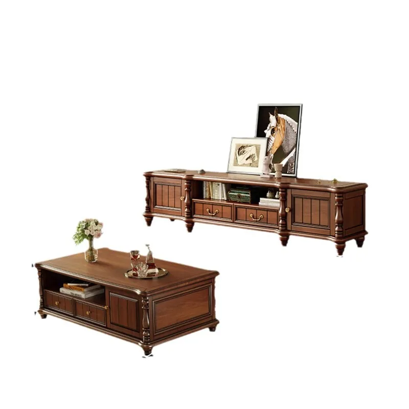 

American retro rural solid wood TV cabinet coffee table combination living room mahogany furniture modern simple floor cabinet