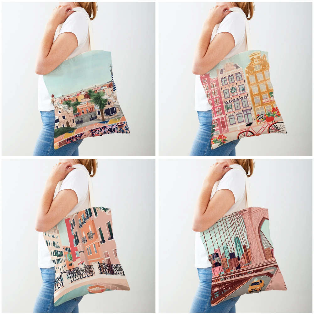 Travel to City Shopper Bag Tote Lady Handbag Barcelona Lincoln Florence Paris New York Casual Canvas Women Shopping Bags