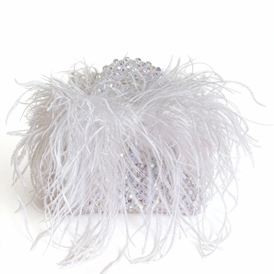 Pearl Bead Bag With Feather Fur Designer Brand Clear Acrylic Crystal Stone Box Tote Handbag Women Handmade Party Purse image 3