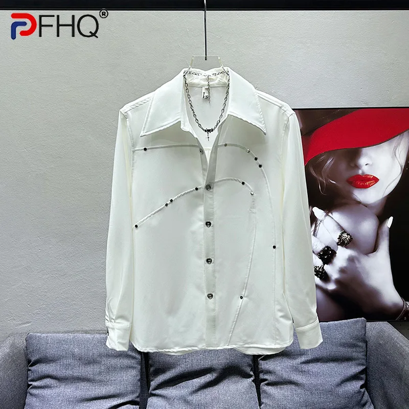 

PFHQ Men's Rivet Decorative Design Tops Long Sleeved Casual Silhouette Shoulder Padded Popular Solid Color Summer Shirts 21Z4316