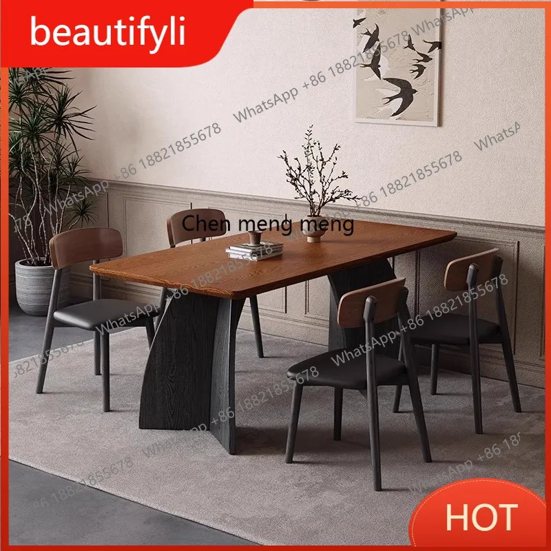A139 Medieval style solid wood dining table and chair combination household retro style walnut thickened rectangular dining tabl