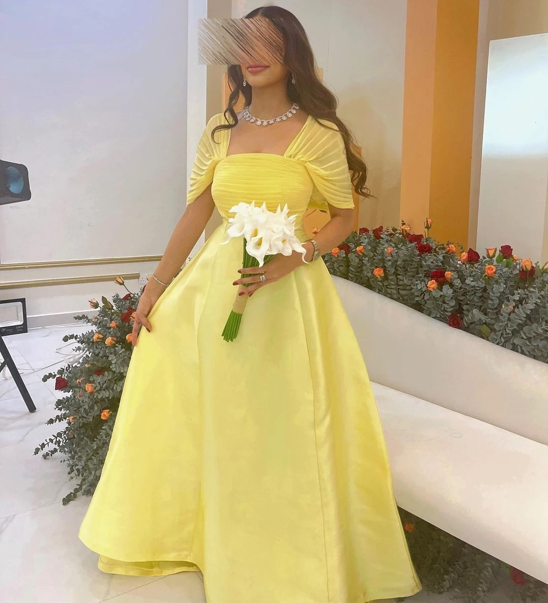 

Lovestory Yellow Satin A Line Long Prom Dresses Ruched Off Shoulder Saudi Arabia Women Wear Wedding Guests Birthday Party Gowns