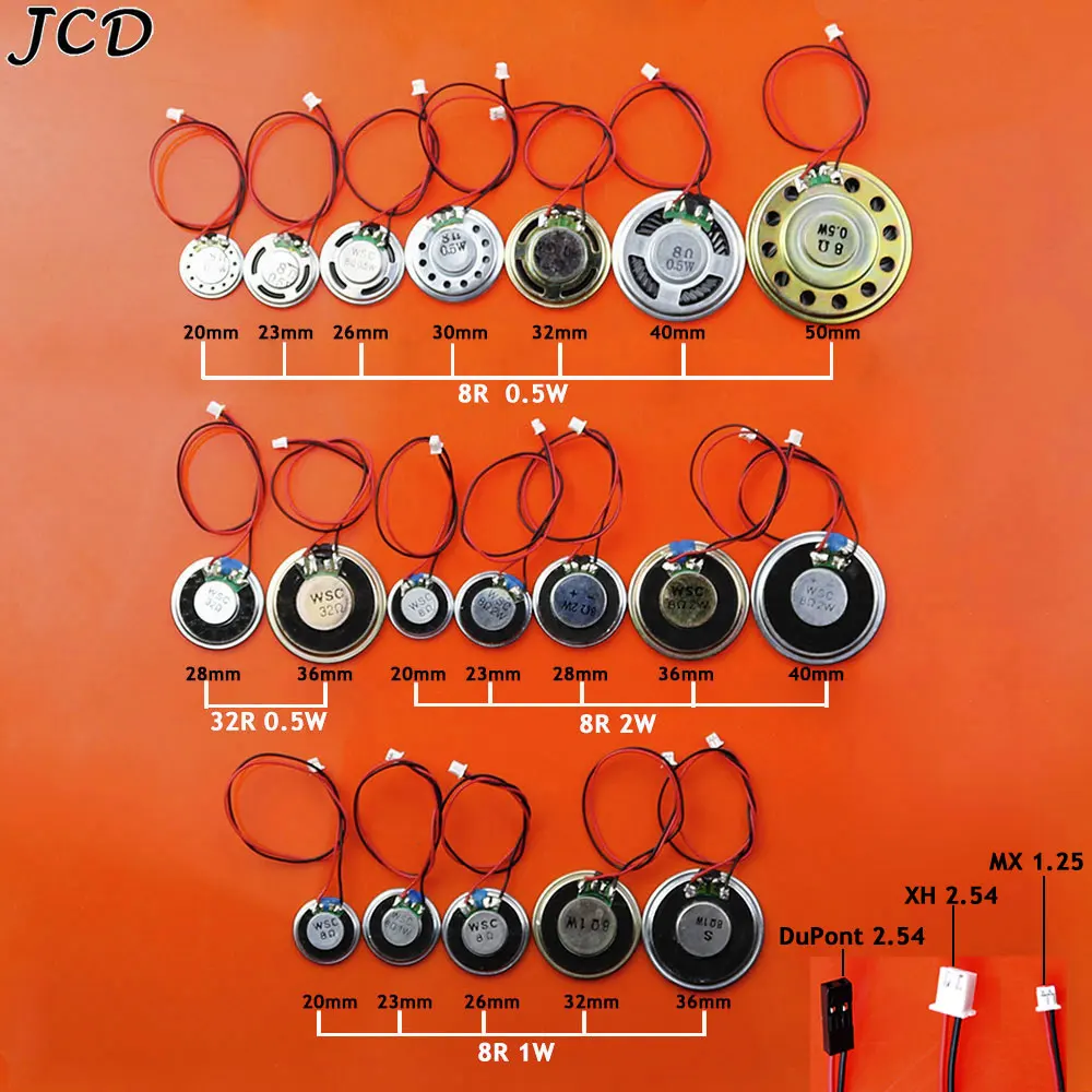 JCD 8R 0.5W 1W 2W 32R 0.5W Ultra-thin Speaker Diameter 20 23 26 28 30 32 36 40 50MM With MX XH DuPont Line 1.25 2.54 Terminal