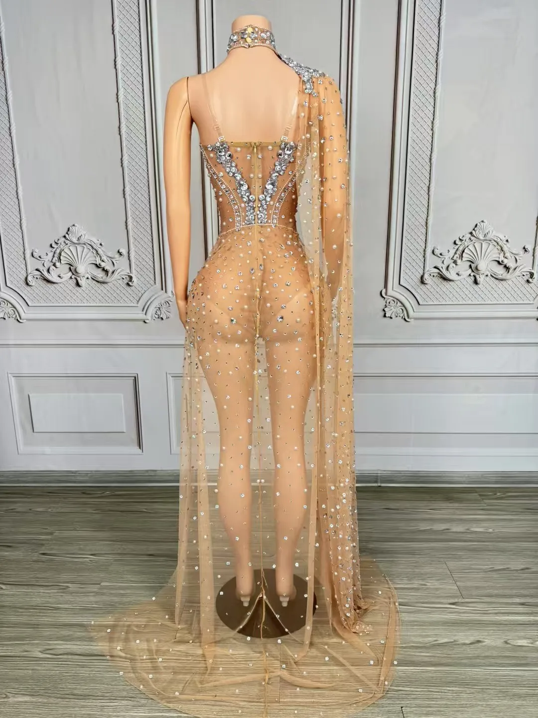 Женское сексуальное серебристое платье макси Youmeng с прозрачной сеткой, стразами и кристаллами, на одно плечо, с чокером, облегающее, для вечерних мероприятий