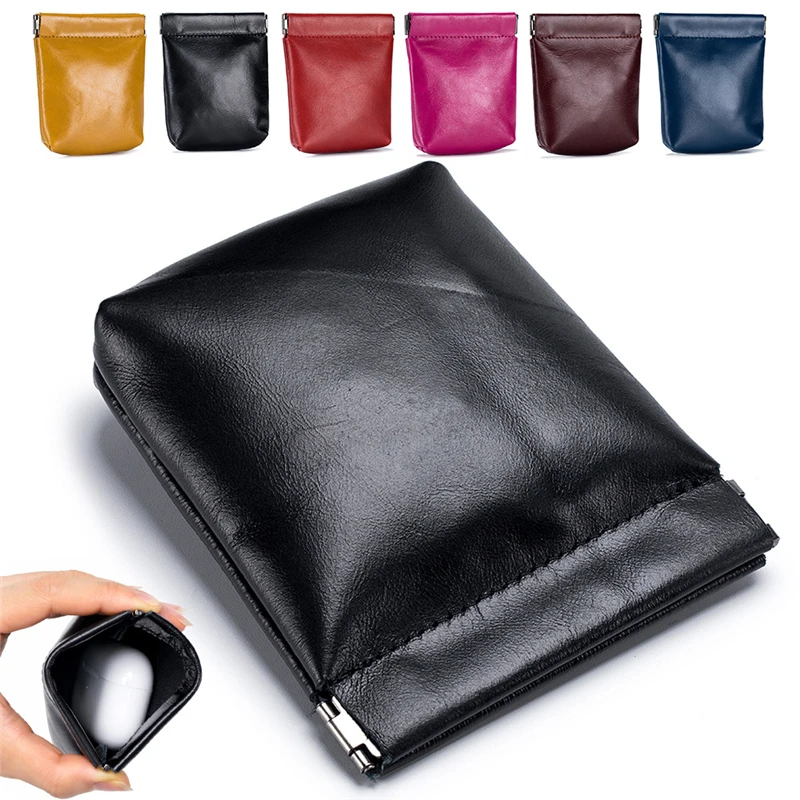 Cowhide Coin Purse Spring Sheet Automatic Closure Small Change Pouch Earphones Data Cable Storage Bag Mini Wallet for Women Men