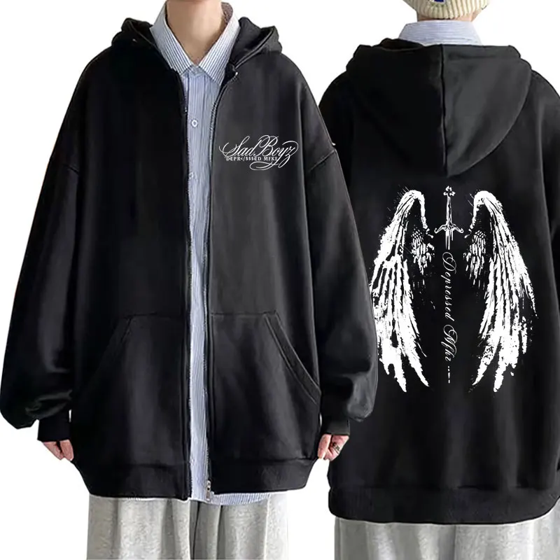 

Rapper Junior H Sad Boyz Zipper Hoodie Men Women Hip Hop Fashion Oversized Streetwear Men's Casual Vintage Zip Up Jacket Coat