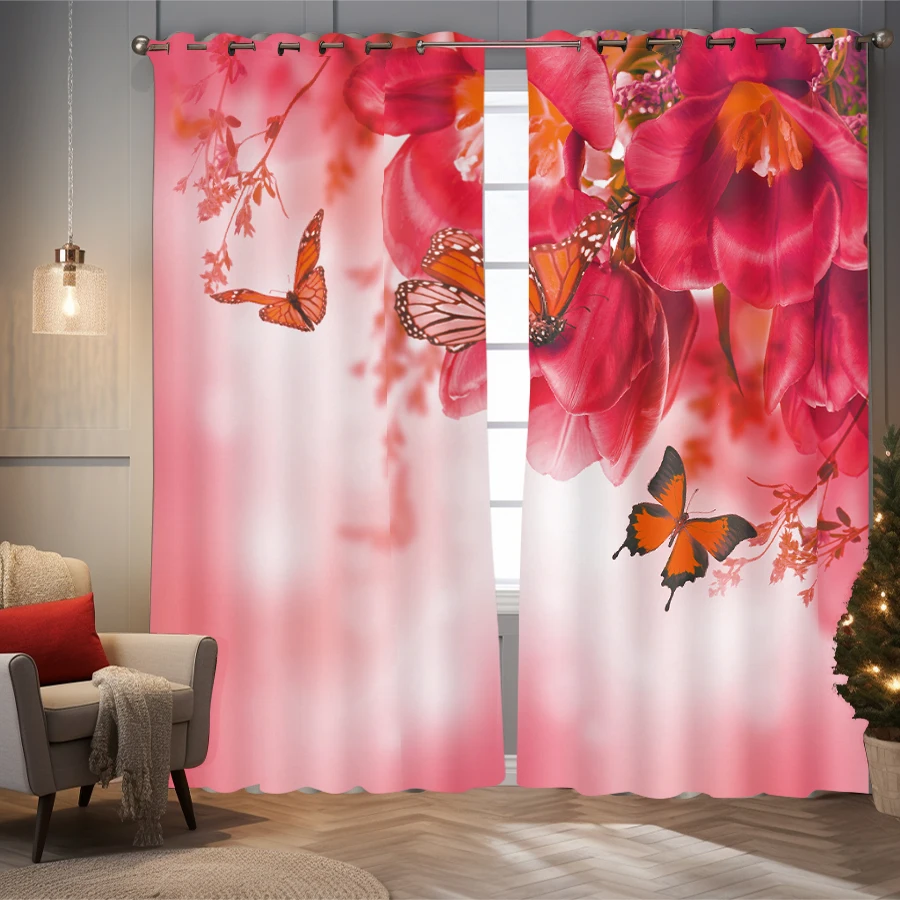 Red Tulip Butterfly Blackout Curtains - Thermal Insulated Grommet Window Drapes for Bedroom & Living Room Decor Home Atmosphere