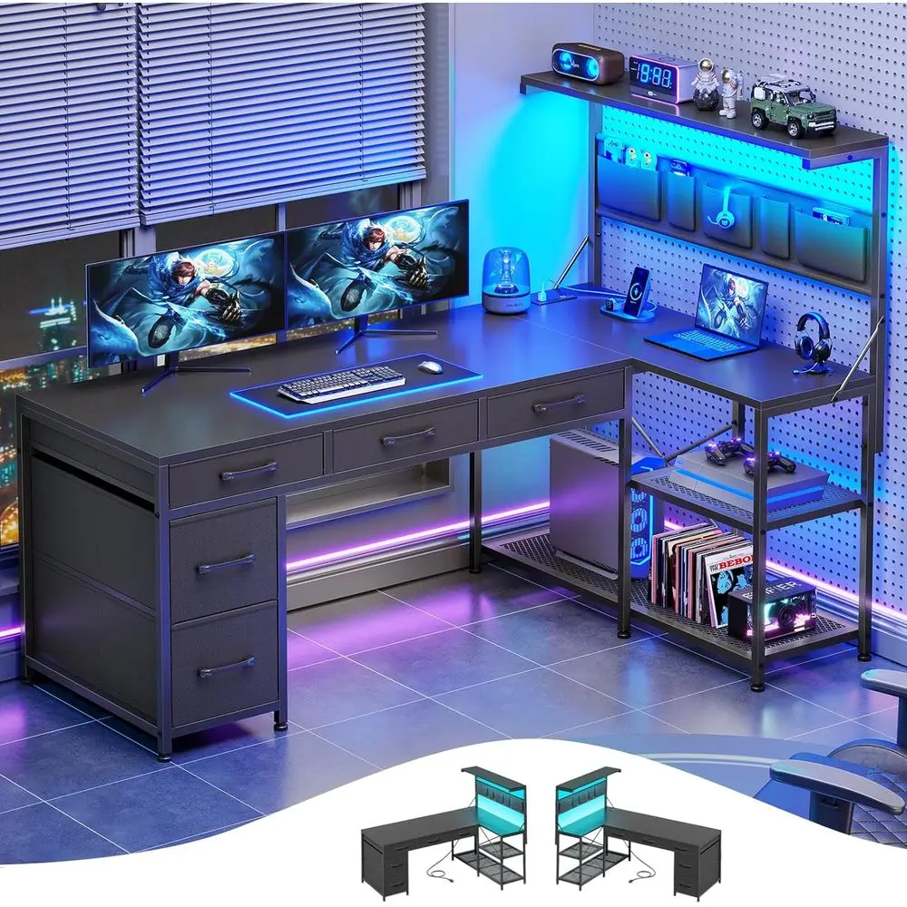 

Black L-Shaped Gaming Desk with 5 Drawers, Storage Shelves, LED Lights, and Power Outlets