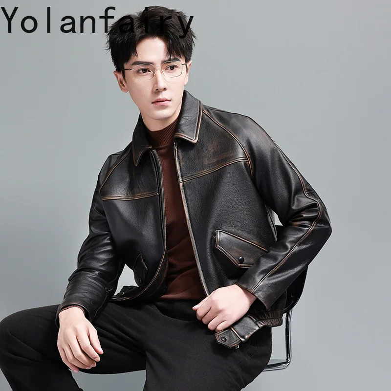 YOLANFAIRY Vintage Head Layer Cowhide Leather Jacket Men Lapel Motorcycle Natural Leather Coat Hand-rubbed Color Coats Jackets