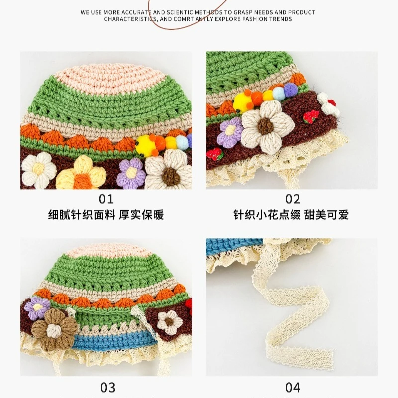 Handgefertigte, farbige Blumenmütze mit gehäkeltem Spitzenrand, Pullover-Strickmütze, niedliche Ohrenschutz-Bombermütze für Herbst und Winter – Detail 6