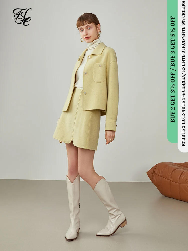 

FSLE Women Fragrance Double-sided Woolen Coat Suit Two-piece Winter Wool Short Coat Skirt Ladies Temperament Woolen Suits