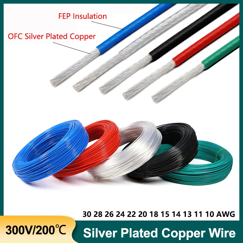

1/5M PTFE Silver Plated Copper Wire FEP Insulated 10/11/13/14/15/18/20/22~30 AWG DIY High Purity OFC Copper Cable For 3D Printer
