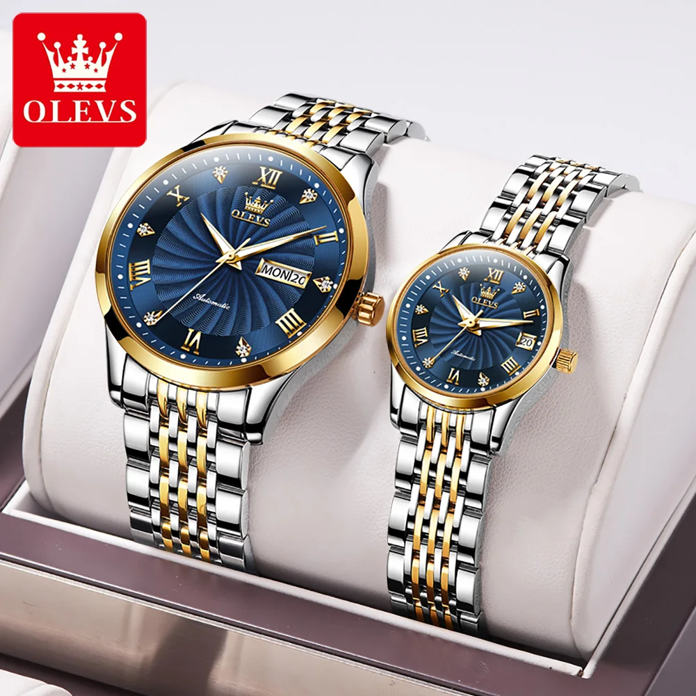 OLEVS 6630 Couple Watch Roman Diamond Scale Dual Calendar Cyclone Dial Automatic Mechanical Watch for Men Women Sets Gift