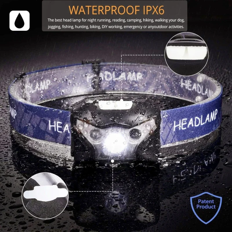 IR Motion Sensor LED Headlamp USB Rechargeable Headlight Waterproof Head Lamp Lightweight Head Front Light for Outdoor Lighting