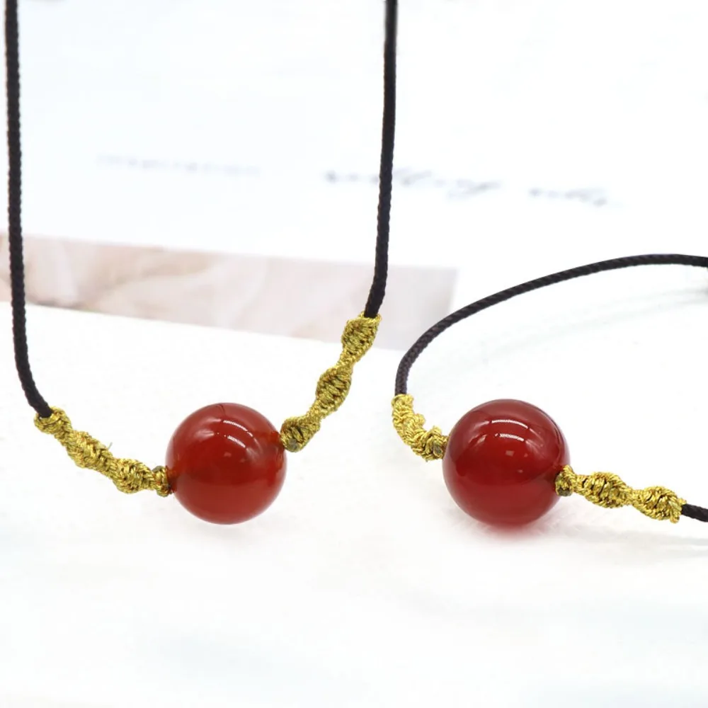 

Natural Red Agate Round Bead Necklace, Handmade Gold Thread Braided Rope Necklace for Women
