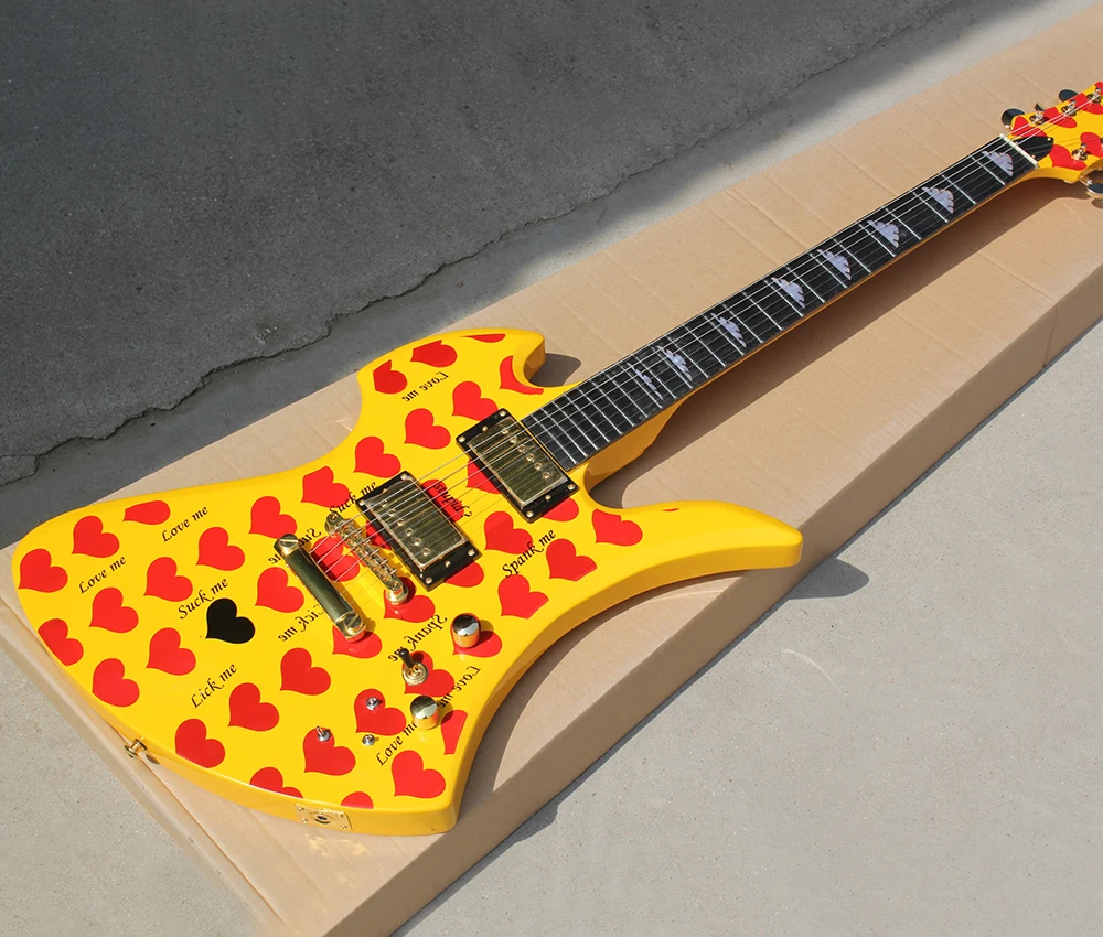 6 Strings Yellow Unusual Shaped Electric Guitar with Red Heart Pattern,Rosewood Fretboard