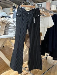 Vintage Striped Slim Flare Pants Autumn Cotton Low Waist Casual Pocket Cargo Pants Women Y2k Streetwear Straight Trousers Chic