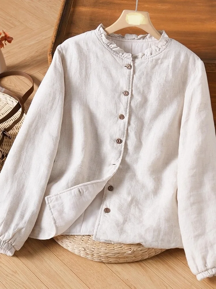 

Retro Cotton Linen Jaet Women's Winter Loose Casual Linen Cotton Coat Flared Sve Long Ne Button Closure