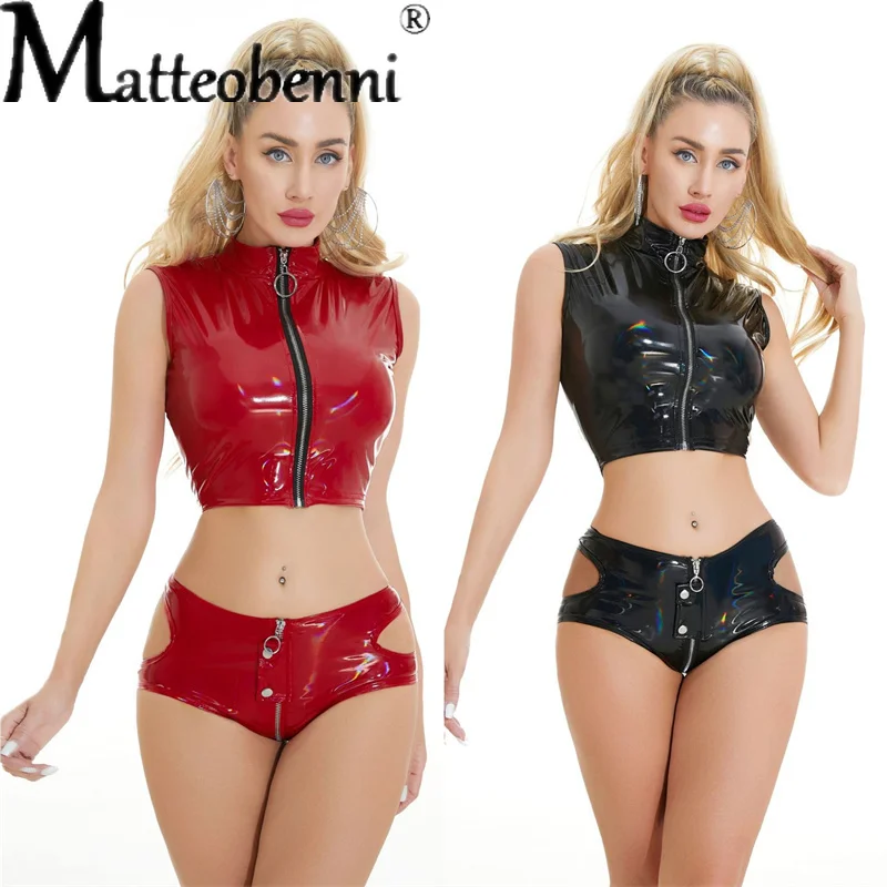 

Сексуальный комбинезон из искусственной кожи с мокрым эффектом, латексный комплект из двух предметов, ажурный бюст, клубная одежда с открытой промежностью, фетиш, горячее эротическое нижнее белье для танцев на пилоне