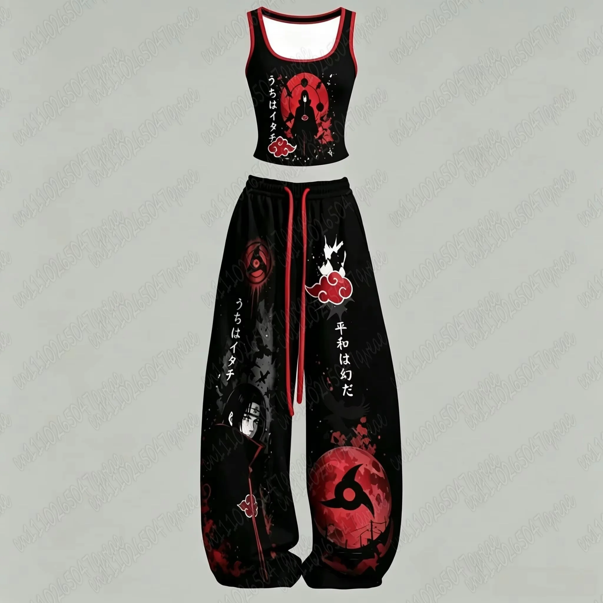 26Hot Family Matching Japanese Anime Print 2 Piece Outfit Y2K Streetwear Crop Tank Top + Wide Leg Pants Set Sportswear Tracksuit