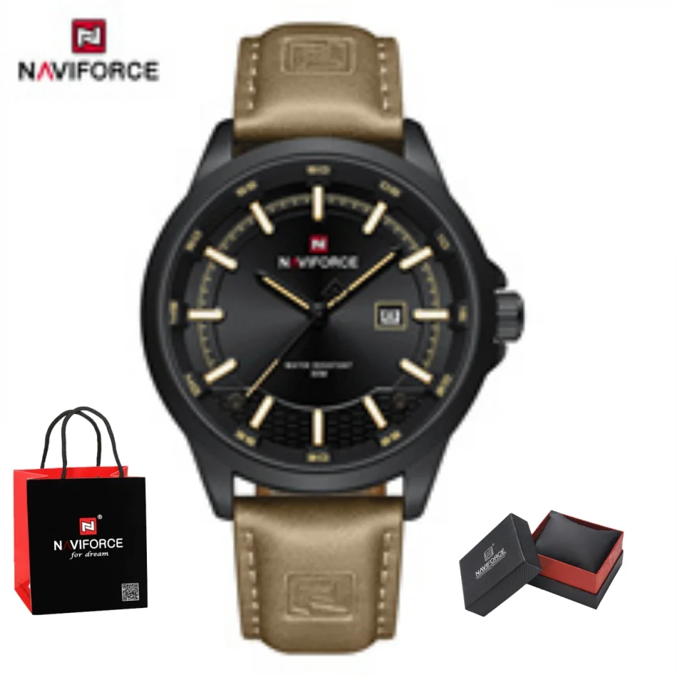 NAVIFORCE Mens Watch Quartz Calendar Clock Luminous 30M Waterproof Leather Strap Trends Male Simple Business Wristwatch Gift Box