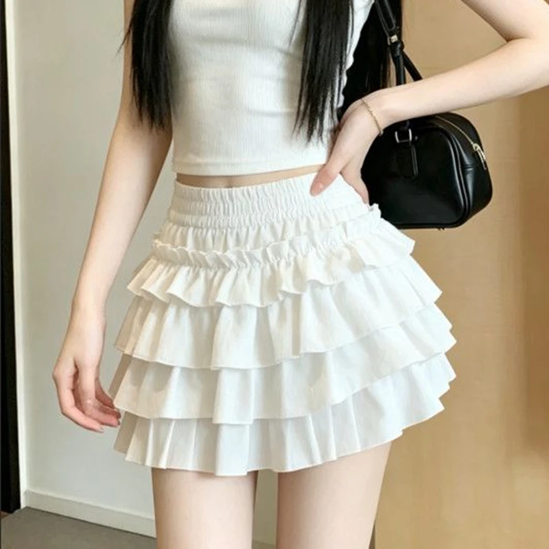 Streetwear Y2k Rüschen-Miniröcke für Damen 2026 Süße Kawaii Hochgeschnittene A-Linien-Röcke Sommer Koreanische Mode Weiße Ballkleid-Röcke