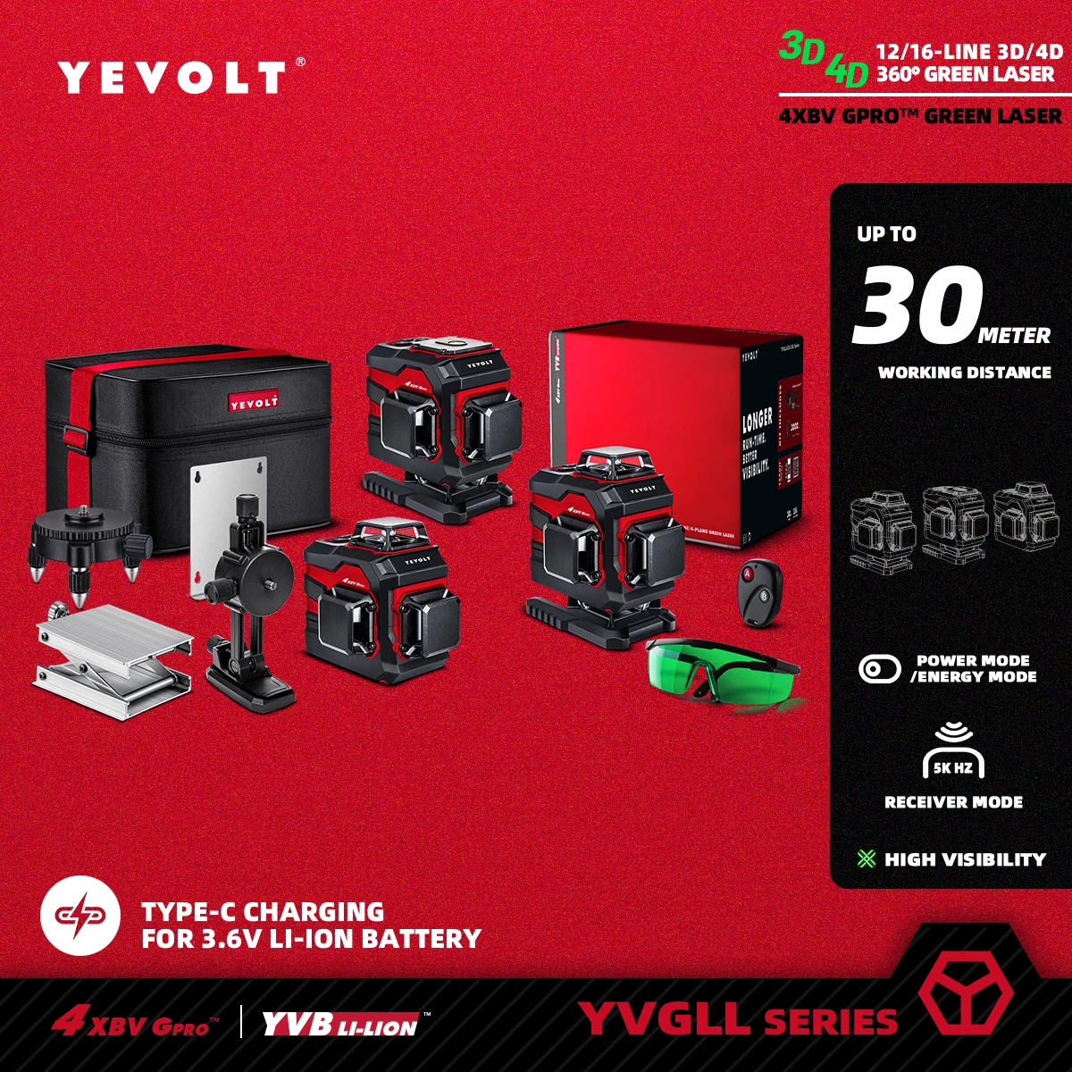 YEVOLT YVGLL4XS-Series Green Laser Level 3/4-Plane 12/16-Line Self-leveling 360 3D/4D Horizontal & Vertical Power Measuring Tool