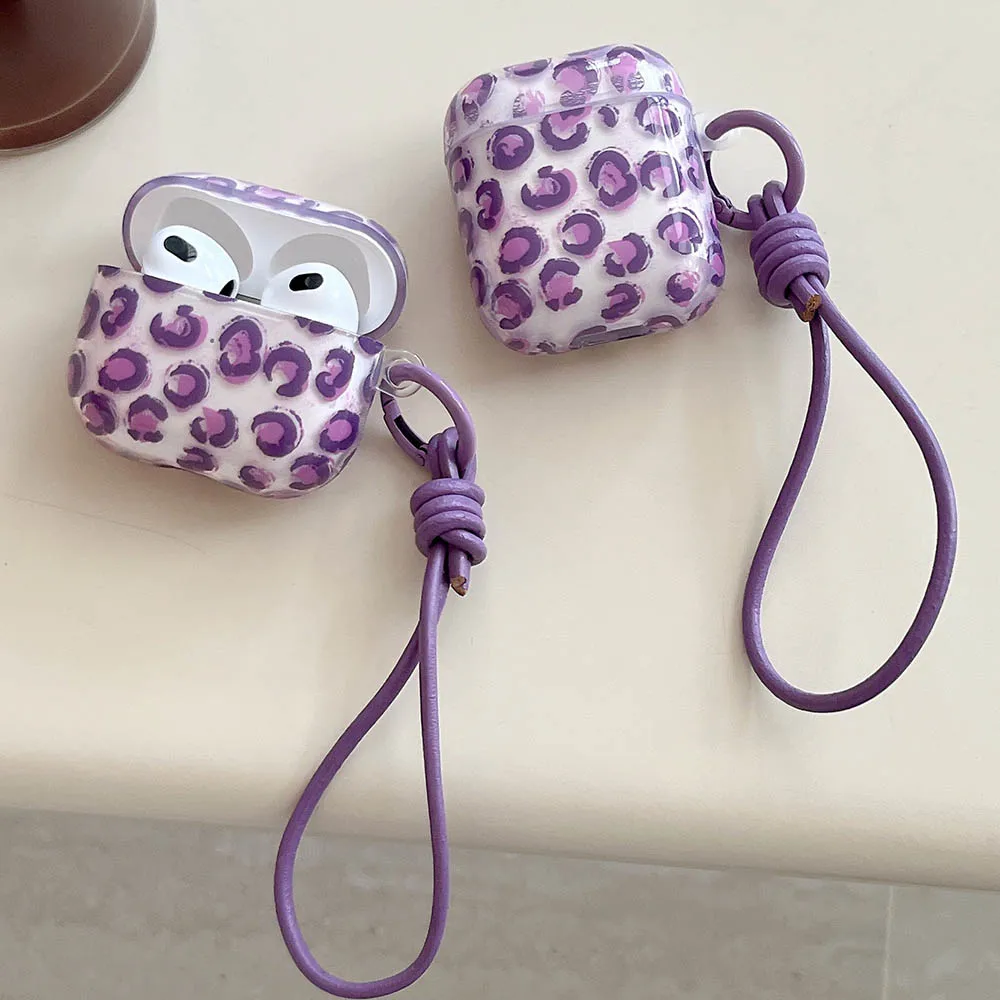 Transparent Purple Leopard Print Earphone Soft Case For Airpods 4 Purple Leather Hand Rope Cover For Airpods 2 3 4 Airpods Pro 2