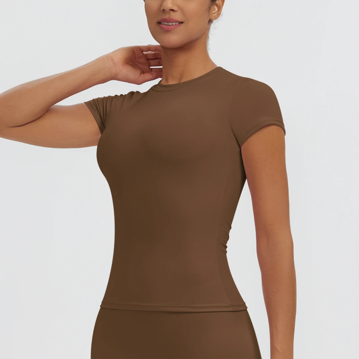 Hochelastisches, schnelltrocknendes, einfarbiges Yoga-Kurzarm-T-Shirt für Damen, Workout-Oberteil, schmal geschnittenes, lässiges Sport-, Lauf-, Fitness- und Yoga-T-Shirt. – Detail 6