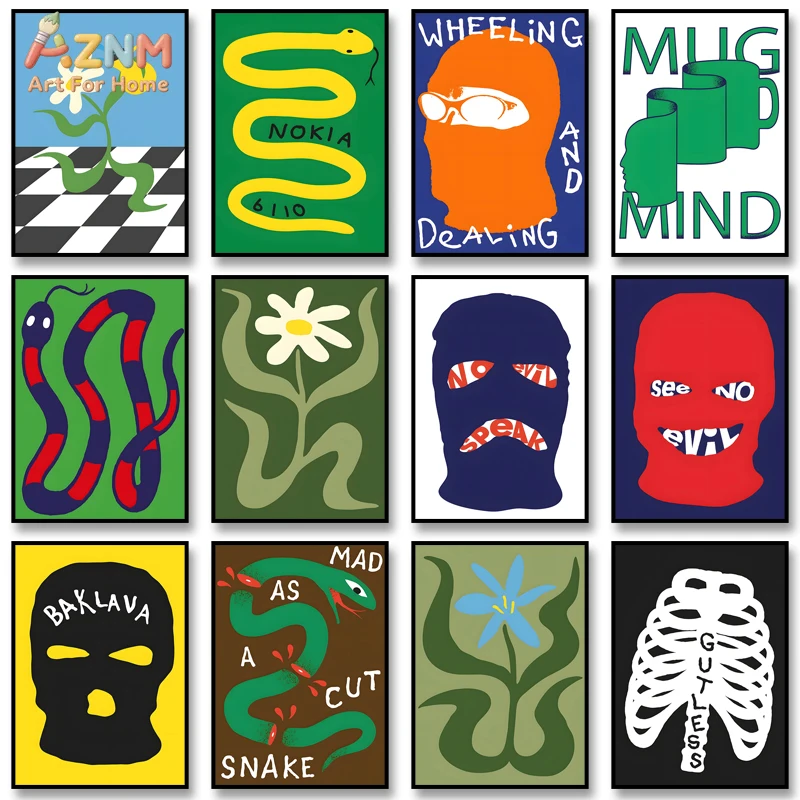 

AZNM Retro Edgy Graphic Canvas Wall Art Print, Frameless Single Panel Balaclava Snake Flower Illustration Poster, Cool Modern Wa