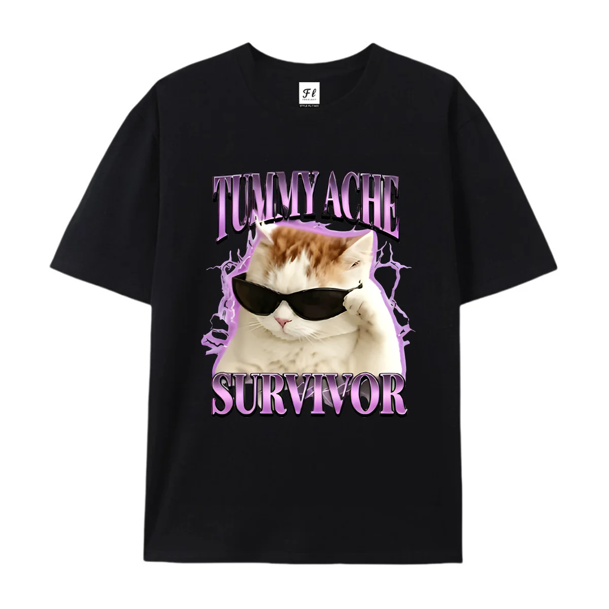 Tummy Ache Survivor Graphic T‑Shirt Retro Metal Style Funny Cat Meme Purple Lightning Casual Unisex Short Sleeve Humor Tee