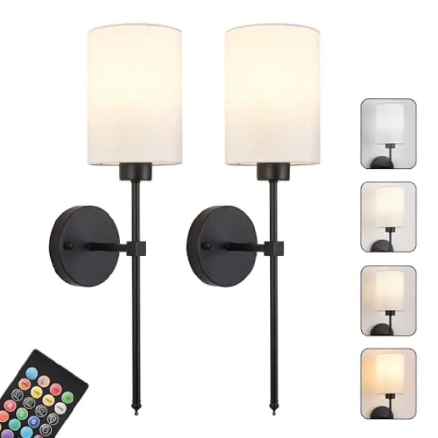 

Набор из двух беспроводных настенных светильников на батарейках с дистанционным управлением, перезаряжаемые, с регулируемой яркостью, янтарный свет/теплый белый/нейтральный белый