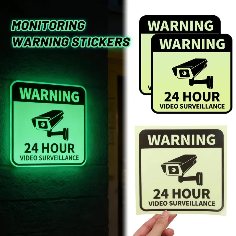 Autocollants d'avertissement pour caméra de sécurité et vidéosurveillance, autocollants phosphorescents, adhérence forte 24 heures sur 24, utilisation polyvalente, matériau PET