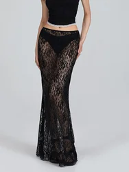 Women Sheer Lace Maxi Skirt Female Summer Elastic Waistband See Through Bodycon Long Skirts for Party Club Streetwear Y2K Fairy