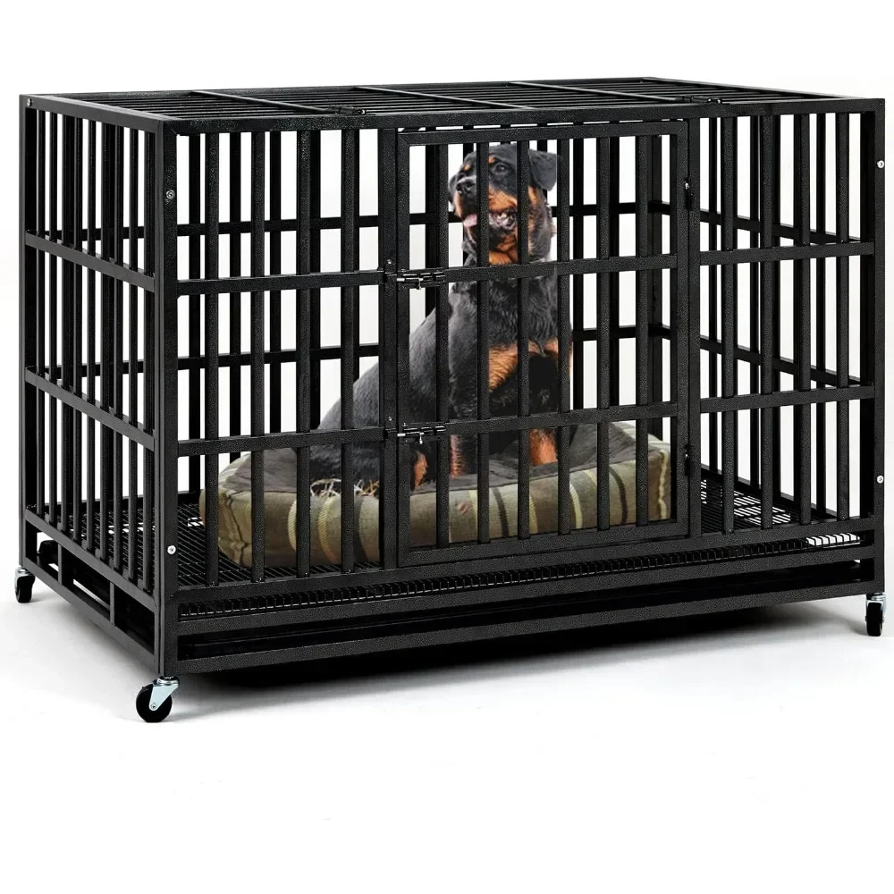 48 Inch Heavy Duty Indestructible Dog Crate Steel Escape Proof, Indoor Double Door High Anxiety Cage, Kennel with Wheels