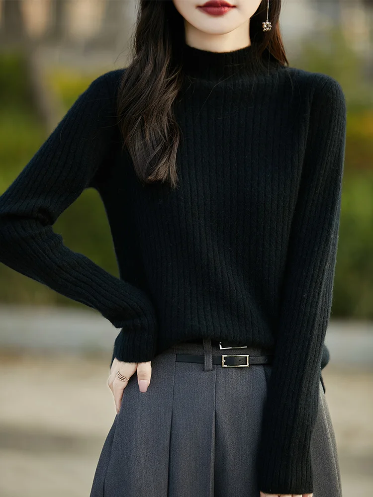 

Women 100% Merino Wool Sweater Half-high Collar Vertical Pit Strip Pullover Autumn Winter Bottoming Knitwear Long Sleeve Tops