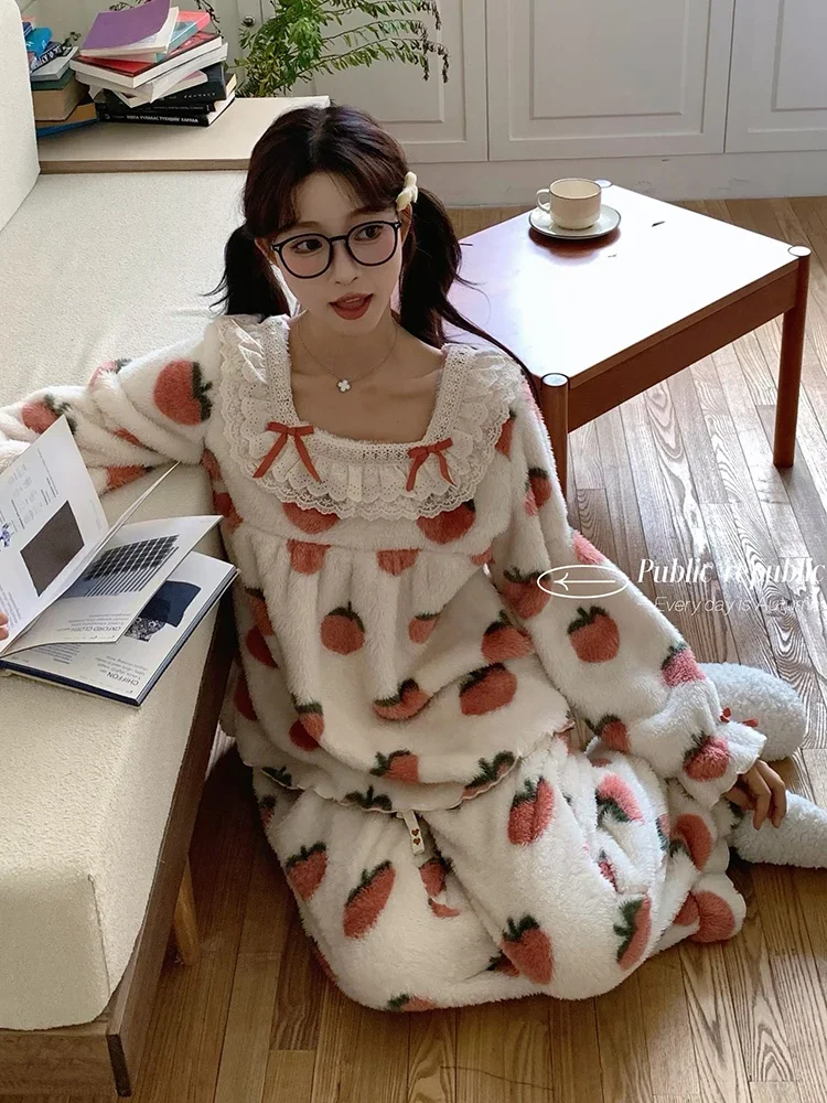 Fluffy Winter Pajamas Women Ruffle Lace Square Collar Bow Sweet Peach Thickened Coral Fleece Loungewear Korean Fashion