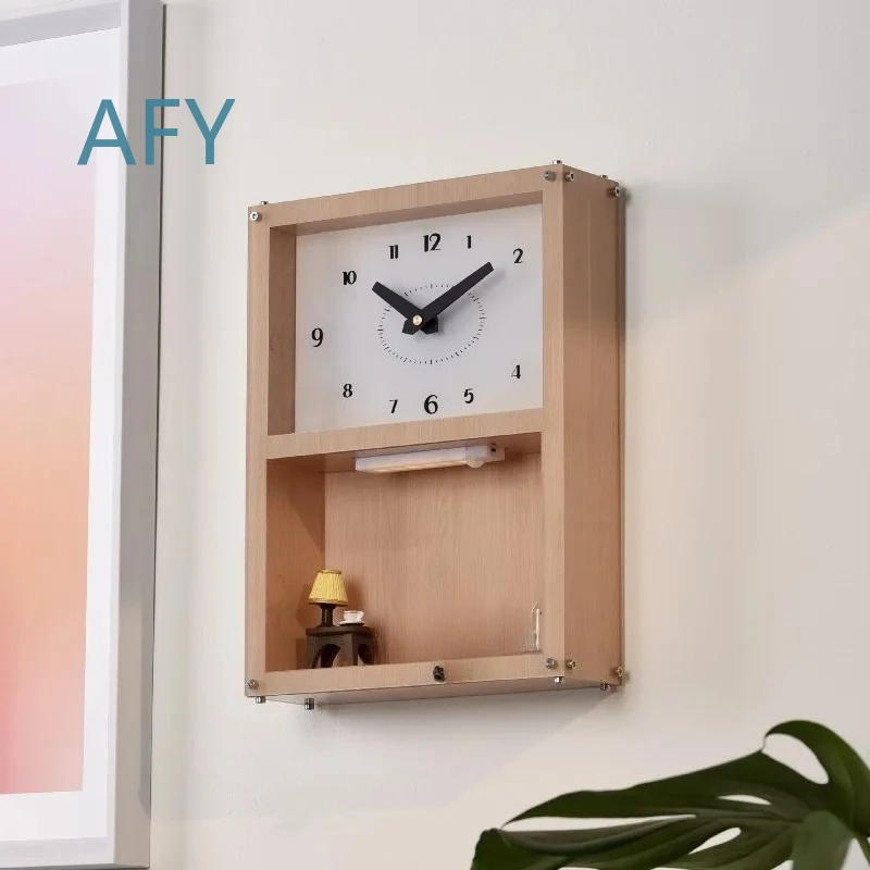 Wooden Rectangular Wall Clock for Living Room Grille Decoration Storage Box Clocks Wall Hanging Luxury Vintage Designer