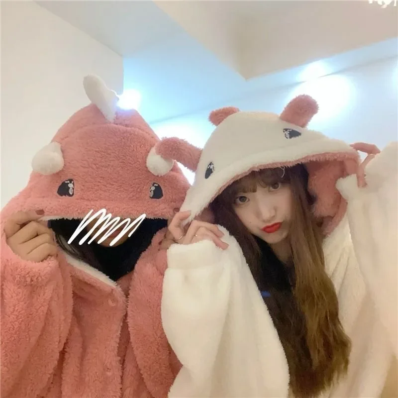 Cute Cartoon Hooded Fleece Pajamas Robes Women Autumn Winter Warm Thicken Bathrobe Sleepwear Kawaii Loungewear Soft Nightgown