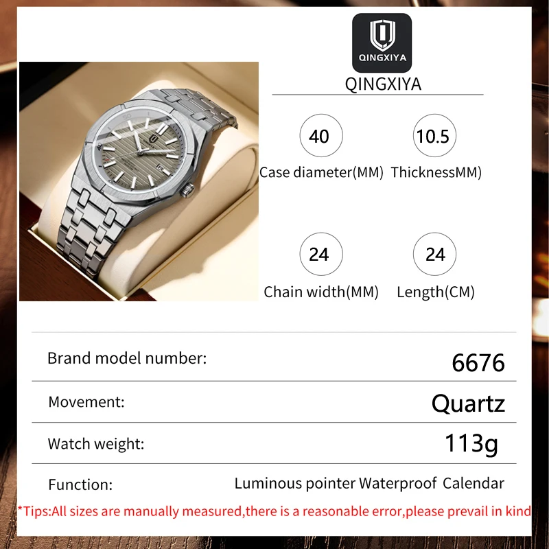 QINGXIYA Mens Watches Top Brand Luxury Stainless Steel Waterproof Luminous Calendar Fashion Gray Quartz Watch Relogio Masculino