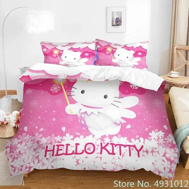 Cute Hello Kitty Angel Bedding Set Pillowcase Japanese Anime Bedclothes 3D Printed Quilt Cover Duvet Cover Baby Kids Child Gift