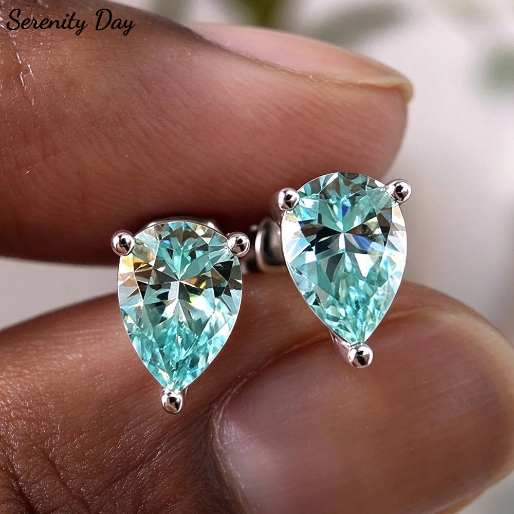 Serenity 5*7mm Blue Green Lab Grown Diamond Earrings for Women D Color Moissanite Earrings S925 Sterling Silver Stud Ear Jewelry