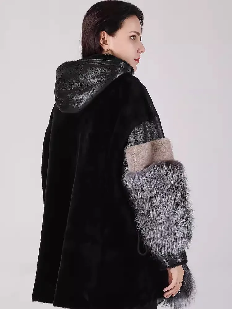 Women Hooded Sheepskin Shearling Coat Fashion Luxury Spliced Design Fox Fur Zipper New Winter Genuine Leather Real Fur Jacket