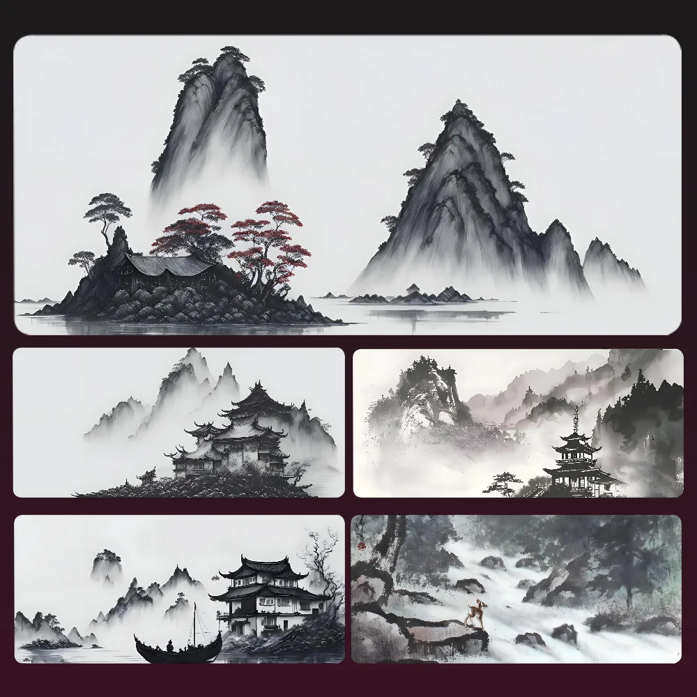 

Chinese Ink Painting Mountains Mousepad Mouse Mat Desk Mat With Pad Gaming Accessories Prime Gaming XXL Keyboard Pad