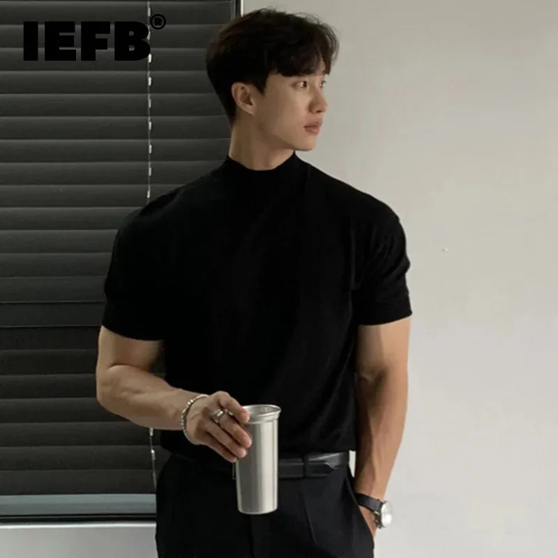 IEFB Business Casual Men\'s T-shirts Knitting Mock Neck Short Sleeve  Loose Male Tops Solid Color Minimalist New Summer 9C6418