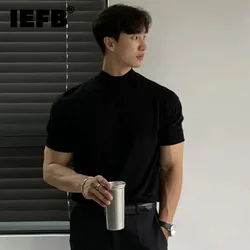 IEFB Business Casual Men's T-shirts Knitting Mock Neck Short Sleeve  Loose Male Tops Solid Color Minimalist New Summer 9C6418