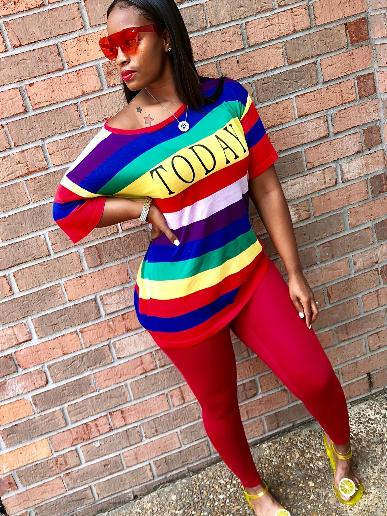 Autumn Fashion Sporting Women set Rainbow Striped Letter Print T-shirt Skinny Pencil Pants Suit Two Piece Set Elegant Tracksuit