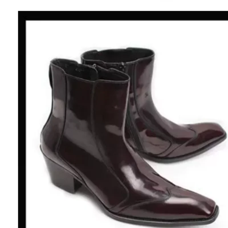 Sewing Lines Shoes for Mens Square Toes Chunky High Heels Pleated Chassure Hombre Solid Tacones Patent Leather Males Short Boots