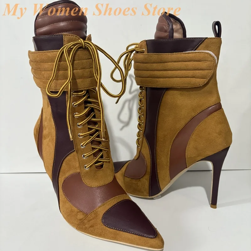 الدانتيل يصل المرقعة الكاحل الجوارب مثير مدبب تو خنجر رقيقة عالية الكعب المدرج 2026 الشتاء الخريف النساء فستان أحذية سستة #2